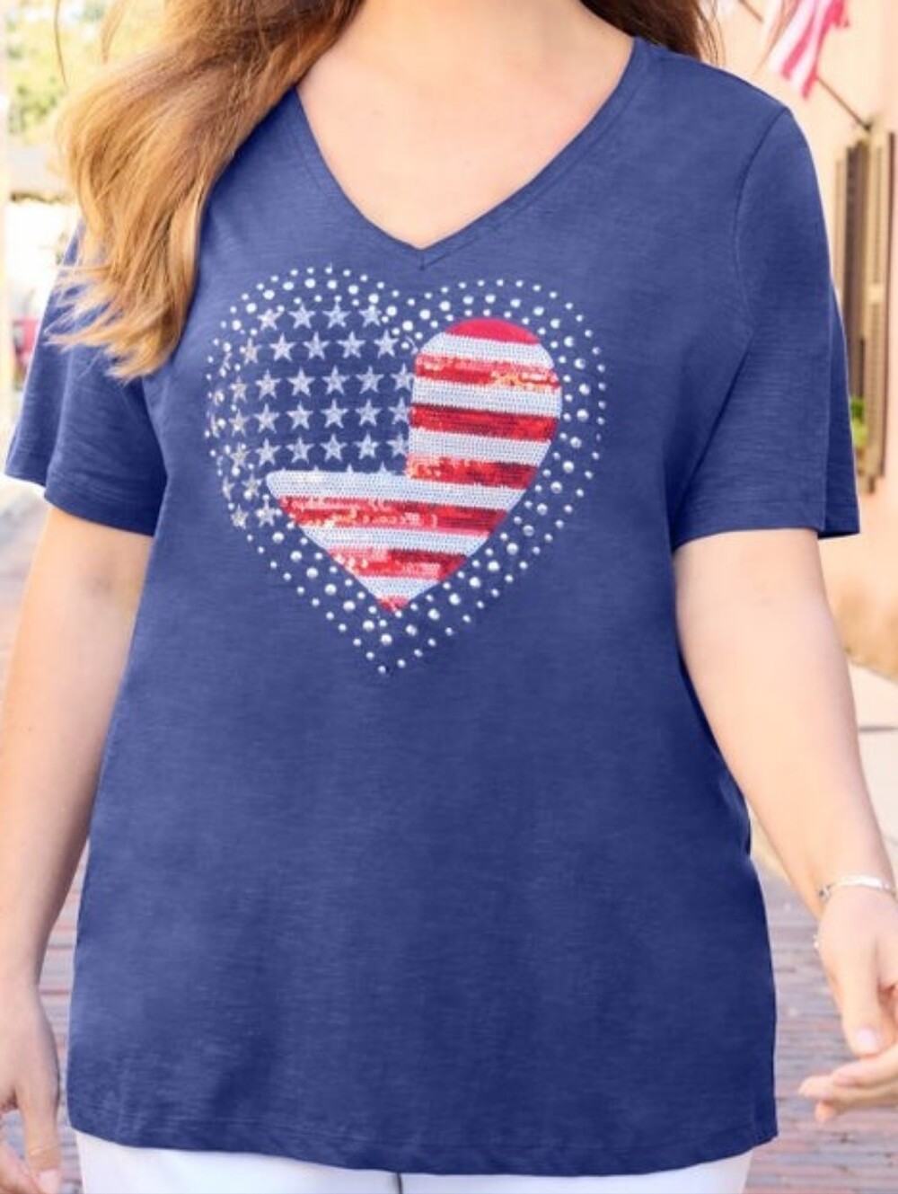 Catherines Blue V-Neck Slub Knit Tee /W Sequined Flag Heart  -NWT- 4X (30/32W)
